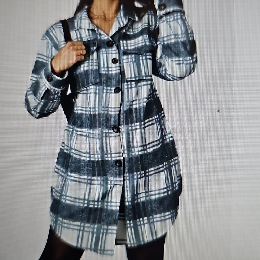 NWOT Velon Plaid Long Button-Up Collared Shirt Jacket  Blue/White XL